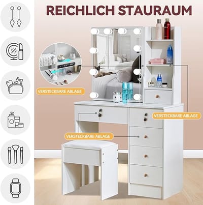 Make-uptafel met LED Verlichting en Spiegel 80 x 36 x 131 cm – 6 Laden en 6 Planken – Moderne Kaptafel met Kruk voor Slaapkamer – Luxe Witte Make-up Tafel voor Make-up, Sieraden en Verzorging – Pau...