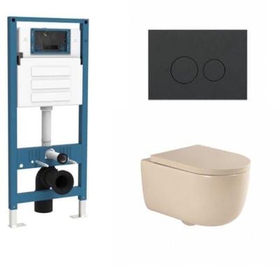 QeramiQ Dely Swirl Toiletset - inbouwreservoir Qeramiq Flush - 35mm zitting - kunststof mat antraciete bedieningsplaat - ronde knoppen - beige