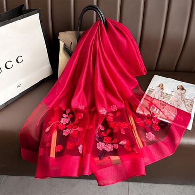 Dames Zijde Wol Sjaal Bloemen Borduurwerk Hijab Vrouwelijke Foulard Lente Zomer Dunne Pashmina Sjaal Wikkel Bufanda Hoofddoek Stolen 200x70cm red