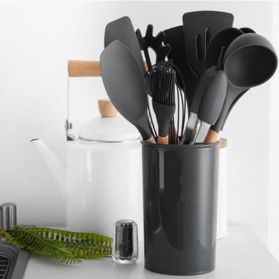 REDOM 12-delige Siliconen Keukengerei Set – Met Houten Handvatten – Hittebestendig & Antiaanbak – Grijs
