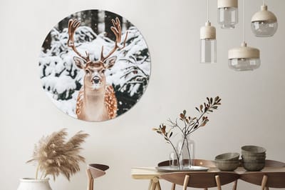 WallCircle - Wandcirkel - Muurcirkel - Hert - Sneeuw - Winter - Bos - Dieren - Aluminium - Dibond - 140x140 cm - Binnen en Buiten