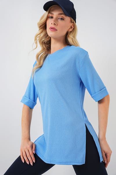 Structuur T-shirt met Korte Mouwen en Ronde Hals