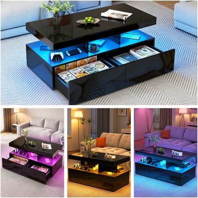 Salontafel met 2 lade， woonkamertafel met LED ,Banktafel，Hoogglans, Afgesloten opslagruimte, voor woonkamer,zwart， 104x53x46cm