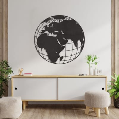 Wanddecoratie Wereldbol - Muurdecoratie Wereldbol - Muurdecoratie Hout - Wanddecoratie Hout - Muurdecoratie Woonkamer - Wanddecoratie Woonkamer - Wanddecoratie Industrieel - Wanddecoratie Wereldkaart - Home Decor - Wall Line Art - 59 x 59 cm