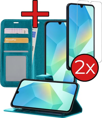 Hoesje - Met 2x Screenprotector - Geschikt voor Samsung Galaxy A16 - Luxe Pasjeshouder - Flip Case - Bookcase Portemonee - Kunstleer Book Case - Flipcase Hoes - Book Cover - Walletcase - Portemonneehoes - Telefoonhoes - Turquoise