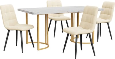 Eetset (5-delig) Eettafel met 4 stoelen set Beige Fluweel Eetkamerstoelen Keukentafelset met Gouden metalen poten MDF tafelblad in wit