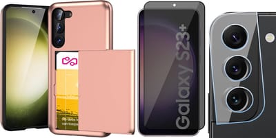 Hoesje met Pasjeshouder geschikt voor Samsung Galaxy S23 Plus - Privacy Screenprotector FullGuard & Camera Lens Screen Protector - Back Cover SlideCase Roségoud