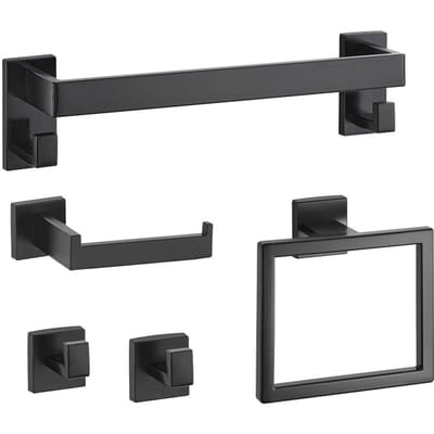 Ensemble d'accessoires de salle de bain noir mat, Ensemble de 5 accessoires de salle de bain, Barre à serviettes en acier inoxydable de 16 pouces, Porte-serviettes, 2 Crochets pour peignoir et serviette, Papier toilette