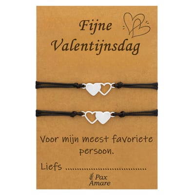 Koppel Armbandjes voor 2 "Fijne Valentijnsdag" - Hartjes - Vriendschapsarmbandjes met Persoonlijk Cadeau Kaartje - Zilverkleurig - Elastisch Verstelbaar - Pax Amare
