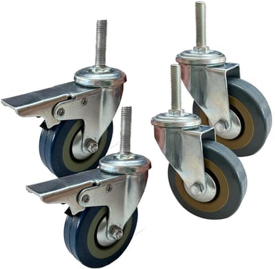 Set van 4 Zwenkwielen 75mm incl. M10 Schroefdraad - 2x Geremd en 2x Zonder Rem