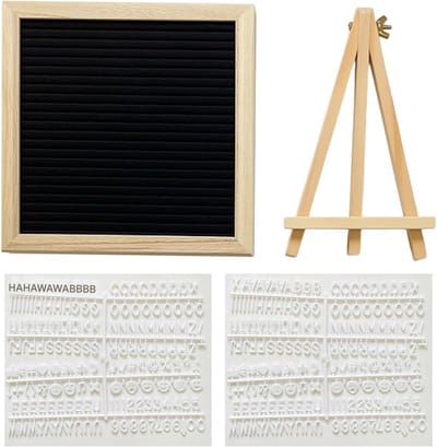 GELLDG Letterbord hout - Alfabetbord van vilt - Alfabetbord - Geschikt om op te hangen in keukens, kantoren, bij bruiloften, enz. - Wordt geleverd met standaard en opbergtas - Zwart - 25x25 cm - 340 letters, emojis, cijfers & symbolen