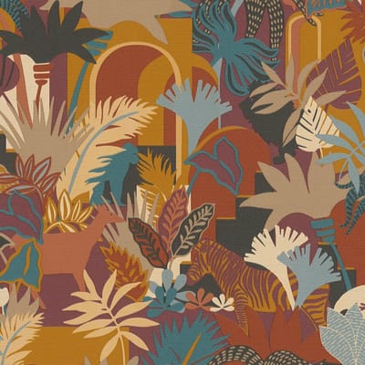 Retro behang Profhome 390961-GU vliesbehang hardvinyl warmdruk in reliëf licht gestructureerd in jungle stijl mat bruin oranjerood okergeel petrol 5,33 m2