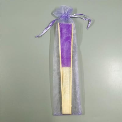 Éventail de 21CM + sac en organza, multicolore, couleur unie, en tissu de mariage, en os de bambou, en soie, pour mariage violet