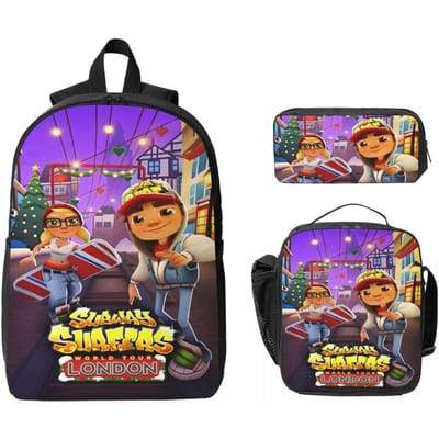 3 Stuks Subway Surfers Schooltassen Set voor Jongen Meisje Etui Rugzak Sets met Lunchbox Voor School Leerlingen Dagrugzak purple