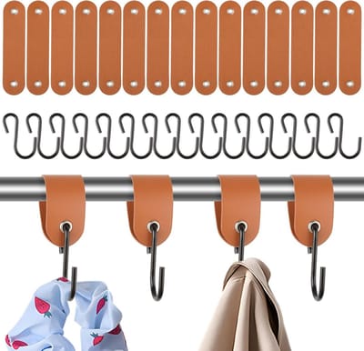 15 Stuks S-haak met Leren Lus - Bruine Multifunctionele Ophangbeugels voor Kleding, Keuken en Campingaccessoires
