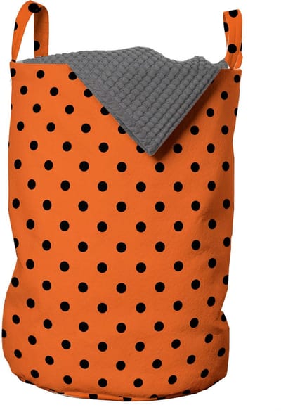 ABAKUHAUS oranje waszak, vintage tegels met polkadotten, wasmand met handvatten, trekkoord voor wasserettes, oranje zwart