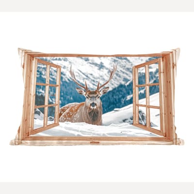 Sierkussens - Kussentjes Woonkamer - 60x40 cm - Doorkijk - Hert - Landschap - Winter - Natuur - Dieren - Bergen