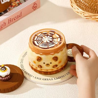 Kop met Deksel Cartoon Mok Hooguitziende Kop Keramiek Schattig Meisje Waterbeker Verjaardagscadeau Souvenir 401-500ml beige