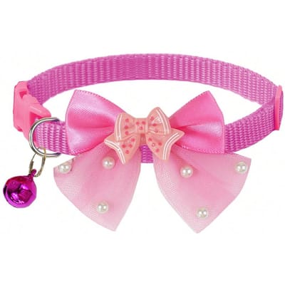 Schattige, glanzende halsband met strik en belletje (1 of 3 stuks) voor katten en honden. Rose Pink