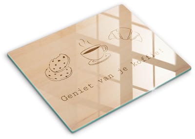 Wallfluent Glazen Snijplanken - Motief, Lekker kopje koffie! Snijplanken Glas - 40 cm x 52 cm - Bruin Snijplanken van Glas - Glazen Keukenplank - Hygiënische Snijplank van Glas - Antislip Hakplank van Glas