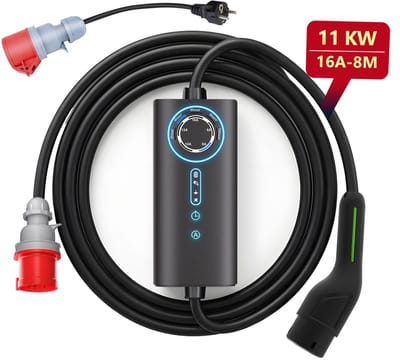 Hexinex - Mobiele Thuislader 11kW - CEE naar Type 2 stekker EV oplader - 8 meter Laadkabel - 6A/8A/10A/13A/16A Huidige instelling - 3 fase - Schuko-adapter
