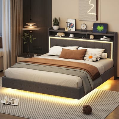 Pugsdrly Gestoffeerd bed 160*200, met USB-aansluiting en LED-verlichting, bed kan aan het hoofdeinde worden geplaatst, verborgen voeteneinde, tweepersoonsbed, linnenstof grijs