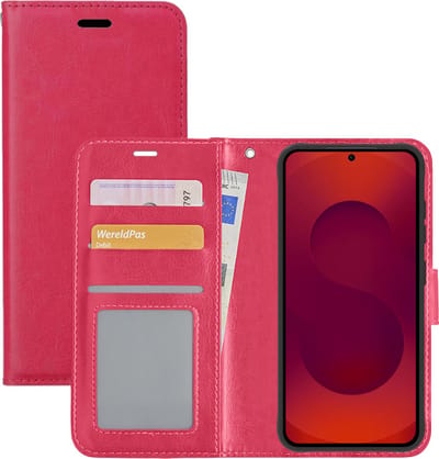 Hoesje - Met Pasjeshouder - Geschikt voor Samsung Galaxy S25 Plus - Luxe Bookcase Portemonee - Flip Case - Kunstleer Book Case - Flipcase - Book Cover - Walletcase - Portemonneehoes - Donkerroze