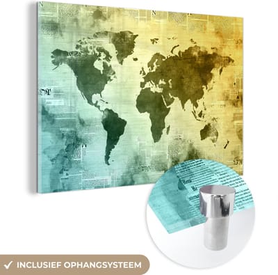 ® Glasschilderij 120x80 cm - Schilderij acrylglas - Wereldkaart - Blauw - Geel - Foto op glas - Muurdecoratie woonkamer - Wanddecoratie slaapkamer - Schilderijen