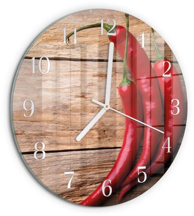 Tulup Wandklok - Chilipepers Wandklok Glas Decoratie - 30fi cm - Rood Gekleurde Glazen Klok - Witte Handen - Ronde Wandklok - Klok Glas Met Opdruk - Moderne Wandklok Glas
