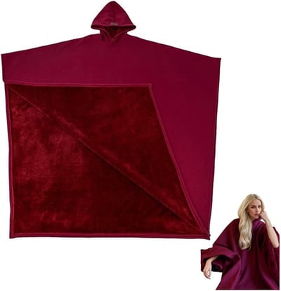 KZQ Draagbare deken met capuchon, extra lange cape met capuchon in punkstijl (maat voor volwassenen), ultrazachte en warme unisex cape, geschikt voor ontspanning thuis en buitenactiviteiten - bordeauxrood