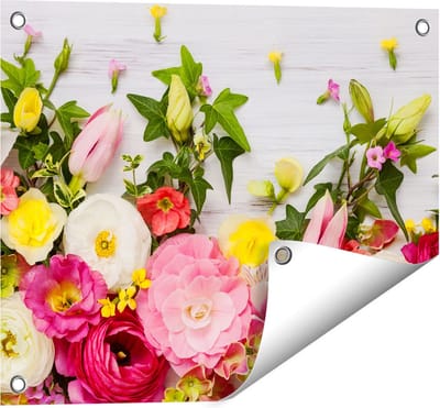 Gards Tuinposter Bloemen op een Witte Houten Achtergrond - 50x40 cm - Tuindoek - Tuindecoratie - Wanddecoratie buiten - Tuinschilderij