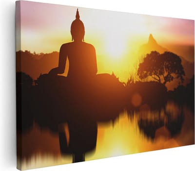 Artaza Canvas Schilderij Zonsondergang - 30x20 cm - Klein - Wanddecoratie Boeddha - Muurdecoratie Bergen - Kamer Accessoires Spiritueel