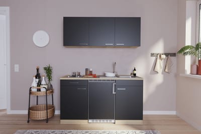 Goedkope keuken 150  cm - complete kleine keuken met apparatuur Luis - Eiken/Zwart - elektrische kookplaat  - koelkast          - mini keuken - compacte keuken - keukenblok met apparatuur