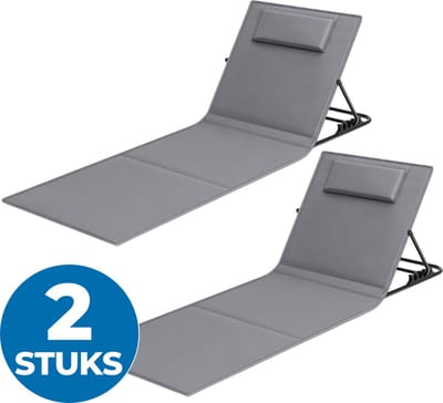 ACAZA Strandmat - Set van 2 - Grijs - Luxe Strandmatras - 4 standen - Inclusief Kussen en Opbergvak - Inklapbaar