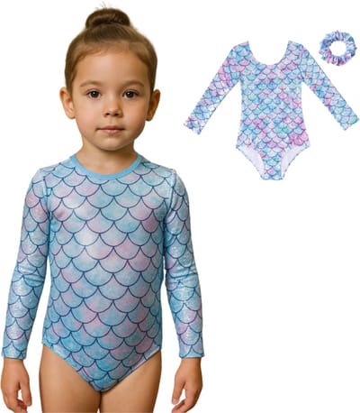 Joya Kids® Turnpakje Meisjes met Lange Mouwen Mermaid Schubben met Scrunchie | Licht Blauw en Lila met Glitters en Strass Steentjes Ballet pakje | Gymnastiekpakje | Turnen | Turn Pakje | Maat 100
