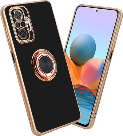 Cadorabo Hoesje geschikt voor Xiaomi RedMi NOTE 10 PRO in Glossy Zwart - Goud met ring - Beschermhoes van flexibel TPU-silicone Case Cover met camerabescherming en magnetische autohouder
