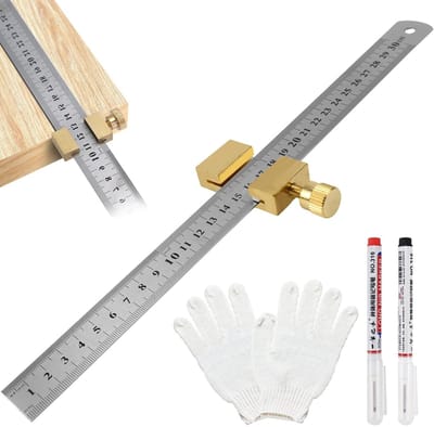 SnelShoppen - RVS Liniaal 30 cm, Stalen Liniaal voor Houtbewerkers met Verstelbare Positieblok, Messing Stalen Liniaal voor DIY Houtbewerking en Creat