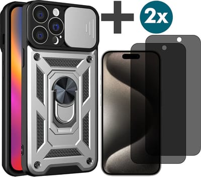 Hoesje met Privacy screenprotectors 2 stuks Geschikt voor iPhone 15 Pro met Ringhouder en Camera schuifje - Arara backcover - Zilver