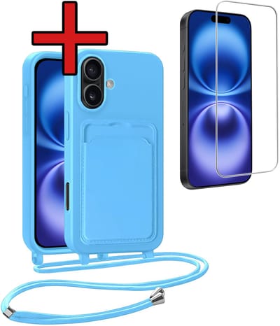 Hoesje Geschikt voor iPhone 16 Plus Hoesje Met Telefoonkoord en Pasjeshouder Met Screenprotector Siliconen - Hoes Geschikt voor iPhone 16 Plus Hoesje Met Kaarthouder Case - Lichtblauw