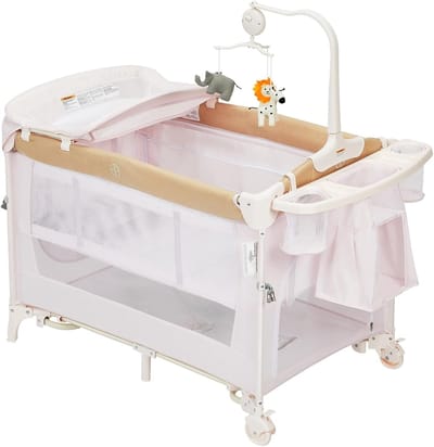 4-in-1 Multifunctioneel Campingbedje - Co-Sleeper, Reiswieg, Verschoontafel & Babybox - Inklapbaar - Inclusief Matras, Speelboog & Reistas - 0 tot 36 Maanden