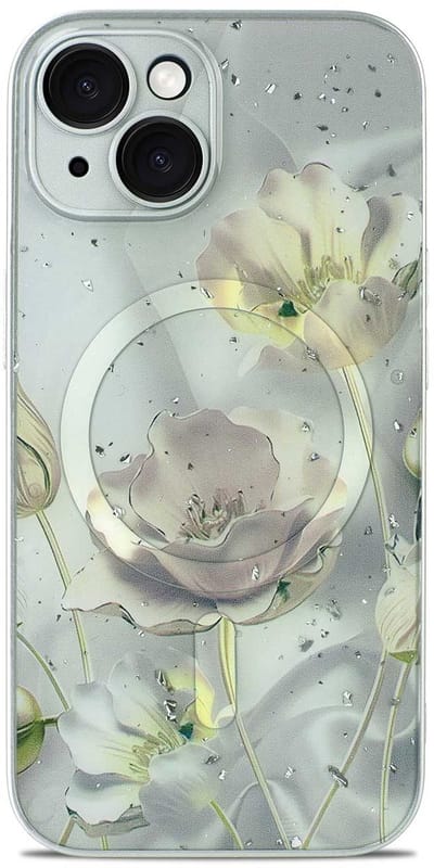 Casemania Hoesje Geschikt voor Apple iPhone 13 - Grijs - Bloemen Glitter Back Cover met Camera Bescherming - Geschikt voor MagSafe