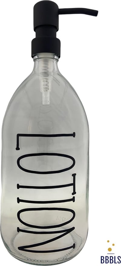 BBBLS® Design Dispenser "Lotion" | Transparant Glas | 1 liter | RVS / Metaal Pomp Zwart | Zeeppomp | Zeepdispenser | Zeephouder