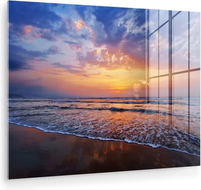 MuchoWow® Glasschilderij 120x90 cm - Schilderij acrylglas - Zee - Zon - Kleuren - Foto op glas - Muurdecoratie woonkamer - Wanddecoratie slaapkamer - Schilderijen