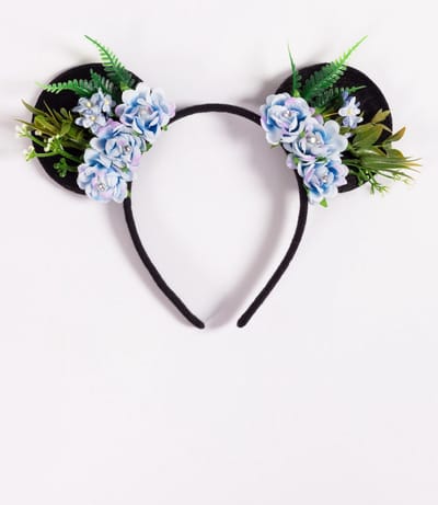 KIMU® Haarband Mouse Oortjes Bloemetjes Blauw Strass Steentjes Minnie - Diamantjes Bloemen Bloemenkrans Oren Bruidsmeisje - Diadeem Muis Zwarte Oortjes Festival