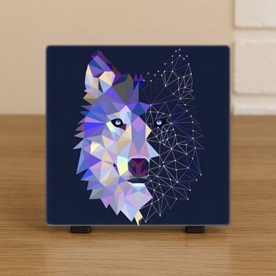 Wenstegeltje Wolf Abstract – Keramiek 10,5x10,5 cm – Geometrische Kunst Wanddecoratie – Spreuktegel – Stijlvolle Woondecoratie – Trendy nu– Hip trendy tegeltje – Cadeau – Zomaar – Deco