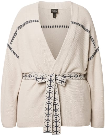 Ulla Popken - Dames - Vest sierstrepen oversized strikceintuur lange mouw - Lichtchampagne - Maat 42+