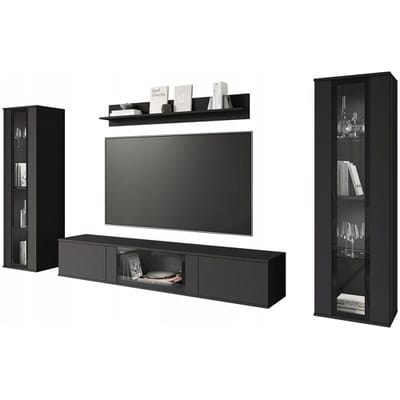 Moderne woonwand voor de woonkamer – mat, 2 vitrinekasten en tv-meubel 180 cm zwart mat