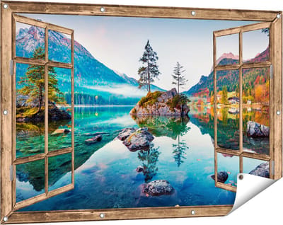 Gards Tuinposter Doorkijk Meer in de Bergen tijdens de Herfst - 120x80 cm - Tuindoek - Tuindecoratie - Wanddecoratie buiten - Tuinschilderij