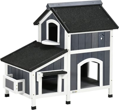 Kattenhuis - Voor buiten - Hok - Kooi - Bench - Ren - 2 verdiepingen - duurzaam - Grijs