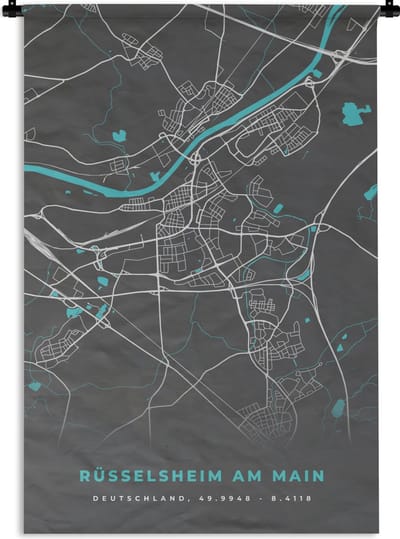 Wandkleed - Wanddoek - Blauw – Duitsland – Plattegrond – Stadskaart – Kaart – Rüsselsheim am Main - 120x180 cm - Wandtapijt